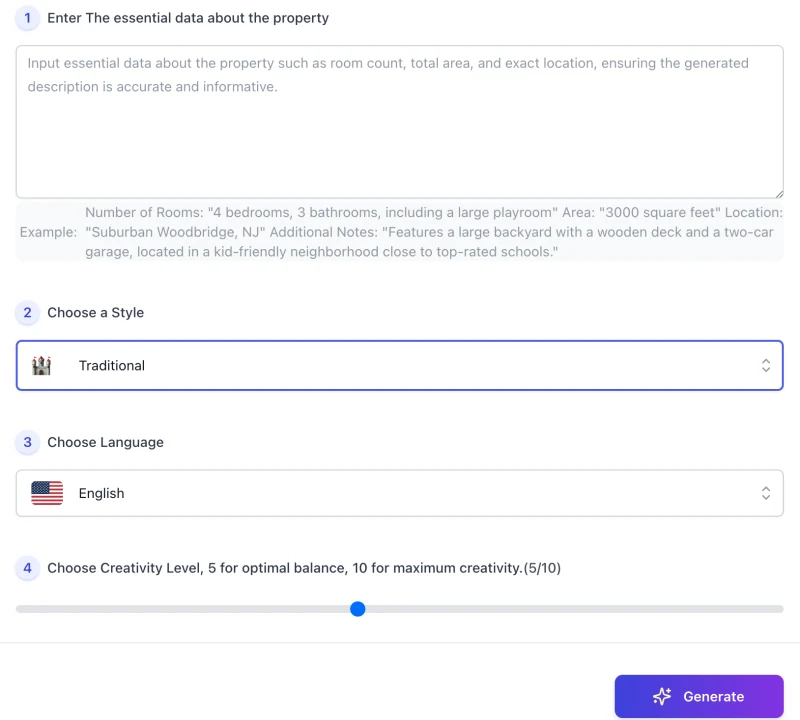 screenshot of AI Real Estate Description Generator interface
