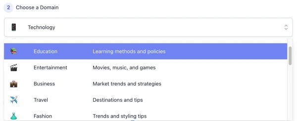 screenshot of ai topics generator Domain list