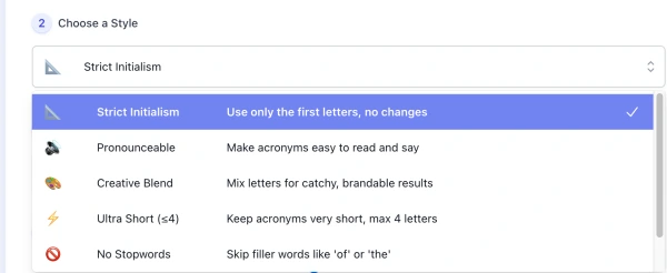 style list of AI Acronym Generator interface