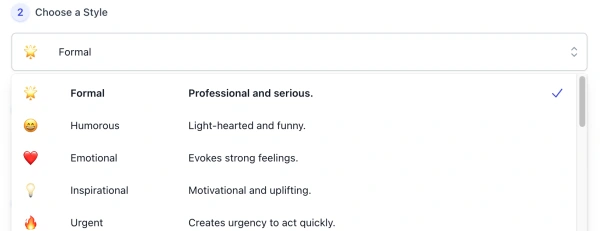 style list of AI Ad Generator interface