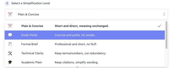 style list of AI Sentence Shortener interface