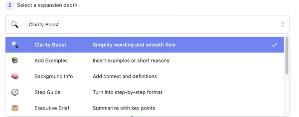 style list of AI Sentence Expander interface