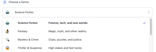 Genre list of AI Story Ideas Generator interface ( screenshot )