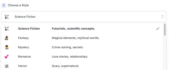 style list of AI Book Ideas Generator interface