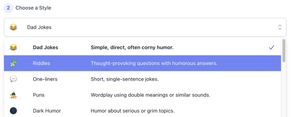 style list of ai joke generator (screenshot )