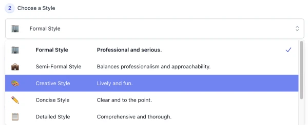 Screenshot of AI Brand Ambassador Job Description Generator style list