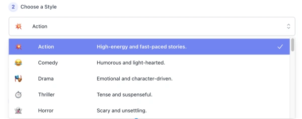 Style list of AI Script Generator interface （ screenshot )