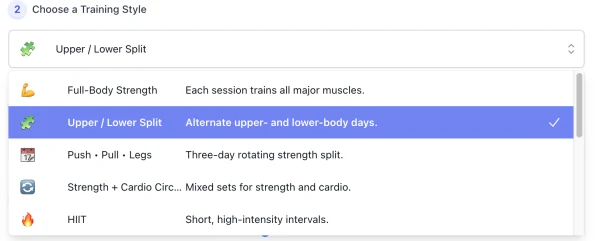 Training Style list of AI Workout Generator interface