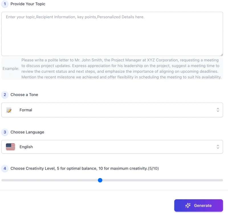 screenshot of ai letter writer generator interface