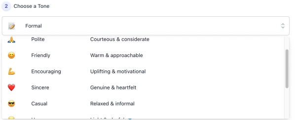 screenshot of ai letter writer generator tone list interface