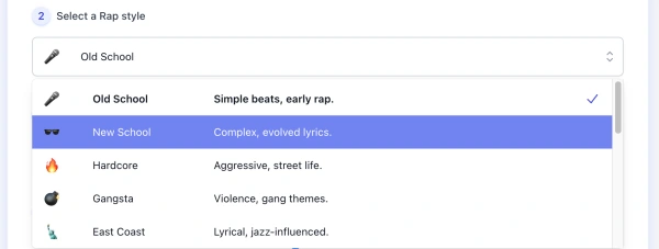 screenshot of ai rap lyrics generator style list interface