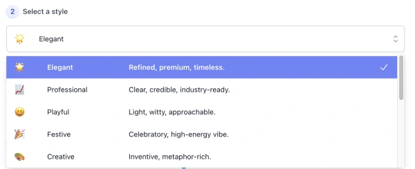 style list of AI Event Name Generator interface