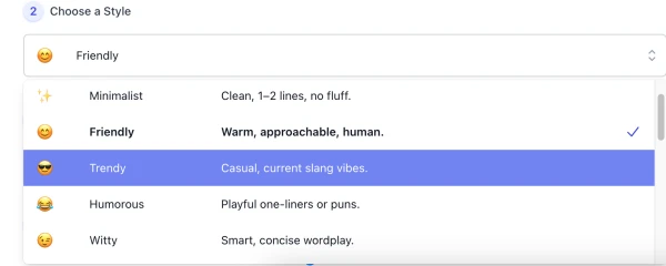 style list of AI Instagram Bio Generator interface