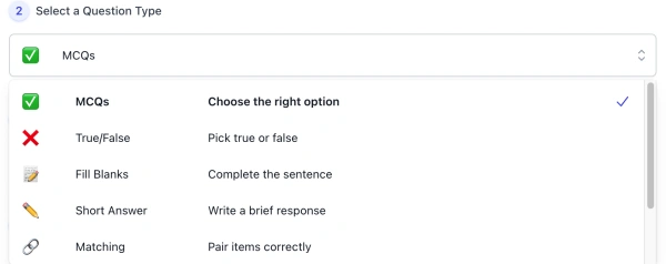 screenshot of AI Quiz Generator Questions Type list