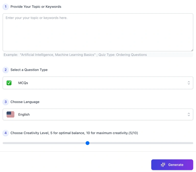 screenshot of AI Quiz Generator interface