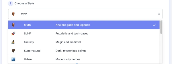 screenshot of ai hero name generator style list interface