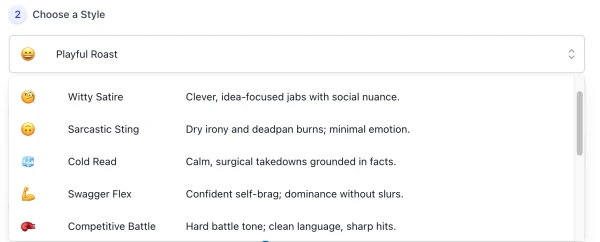 style list of AI Diss Track Lyrics Generator interface （ screenshot )