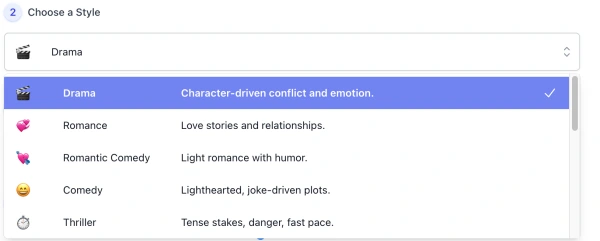 style list of AI Movie Generator interface