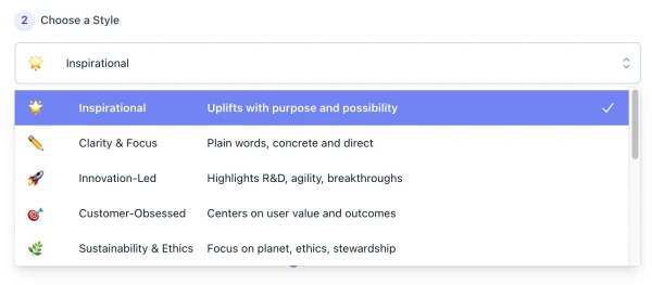 style list of AI Vision Statement Generator interface