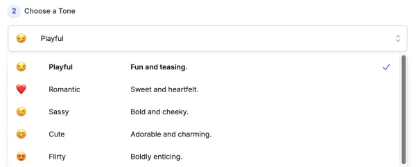 screenshot of Screenshot of AI Flirty Text Messages Generator tone interface