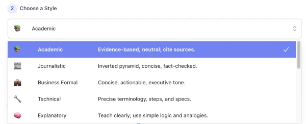 style list of AI Ask Writer interface