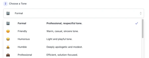 screenshot of AI Apology Generator tone list