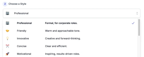 screenshot of Job Description Bullet Points Generator Style list