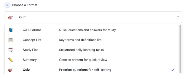 Format style list of AI Study Guide Generator interface