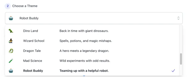 Theme list of AI Mad Libs Generator interface