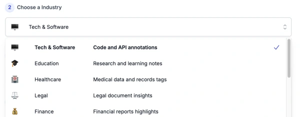 screenshot of AI Annotation Generator industry list