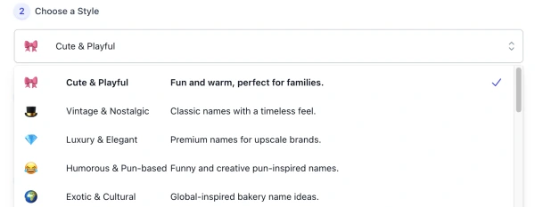 screenshot of AI Bakery Name Generator style list