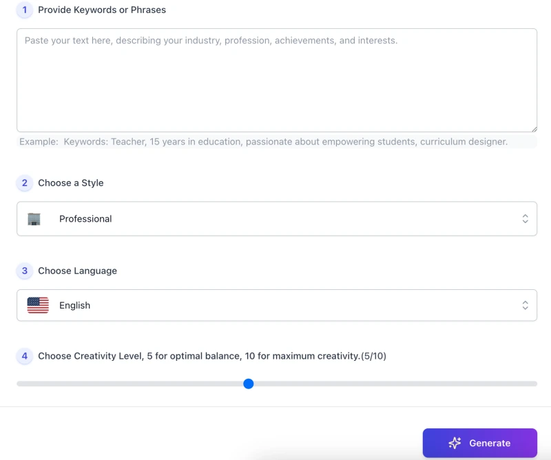 screenshot of AI Bio Generator interface