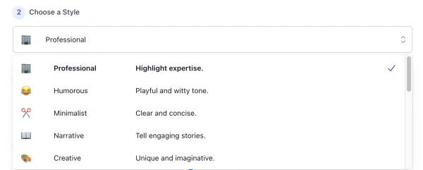 screenshot of AI Bio Generator style list interface