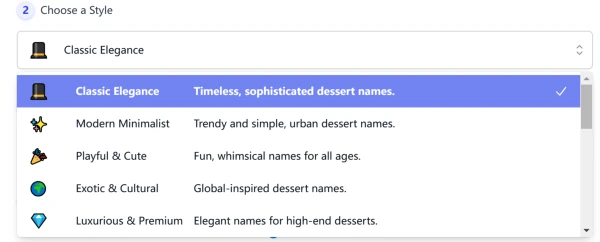 screenshot of AI Dessert Name Generator style list