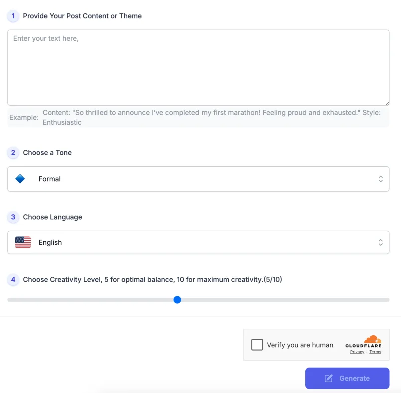 screenshot of AI Facebook Post Comment Generator interface