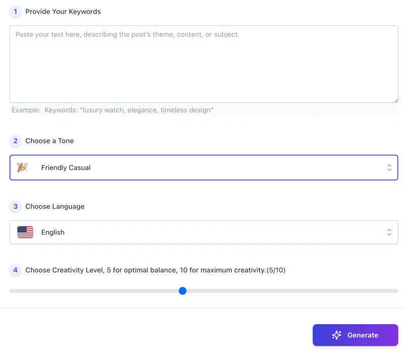 screenshot of AI Instagram Comment Generator interface