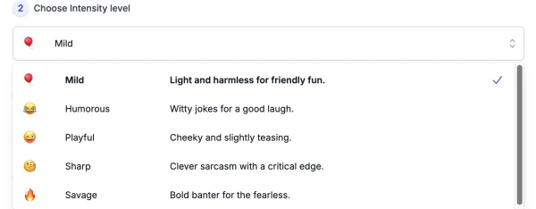 screenshot of AI Insult Generator intensity level
