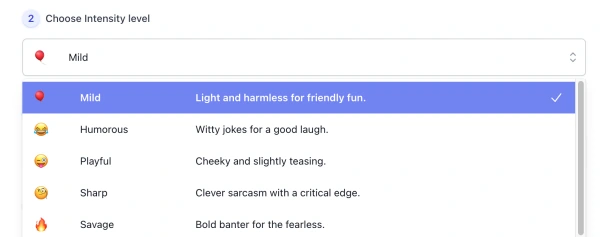 screenshot of AI Insult Generator style level list
