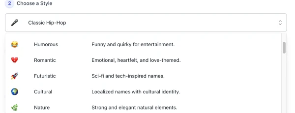 screenshot of AI Rapper Name Generator style list