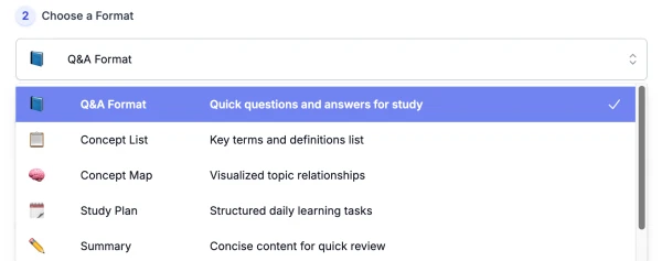 screenshot of AI Study Guide Generator format list