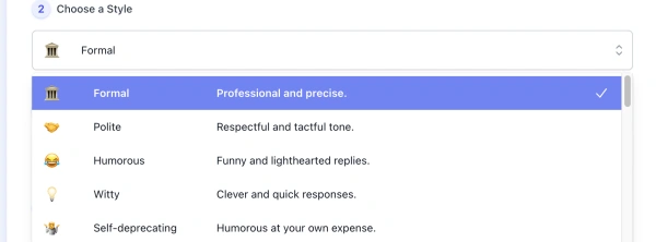 screenshot of ai comeback generator style list interface