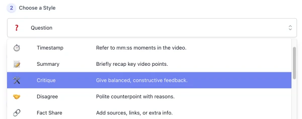 style list of AI YouTube Comment Generator interface ( screenshot )