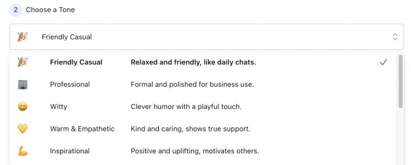 tone list of AI Instagram Comment Generator interface ( screenshot )