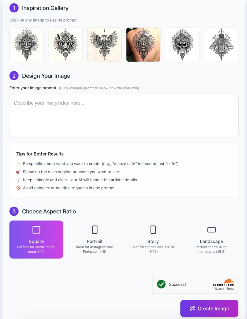 screenshot of AI Aztec Tattoos Generator interface