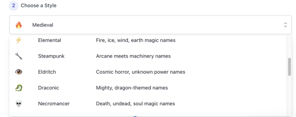 screenshot of AI Mage Name Generator style list