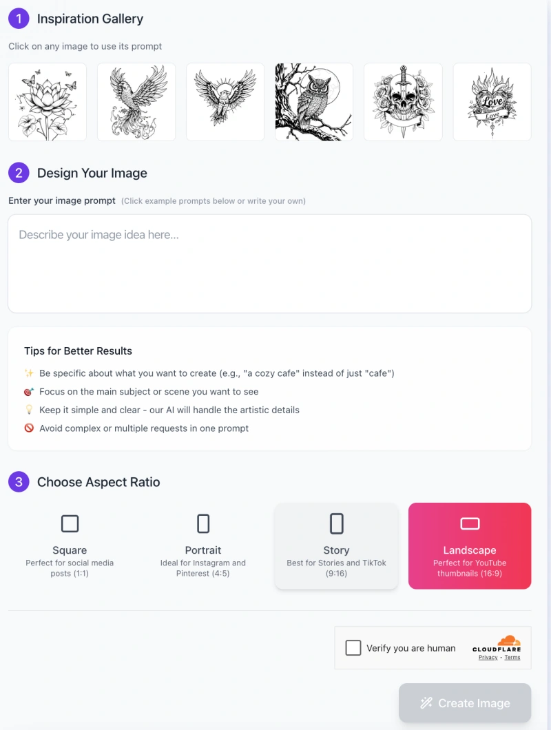 screenshot of AI Tattoo Coloring Pages Generator interface