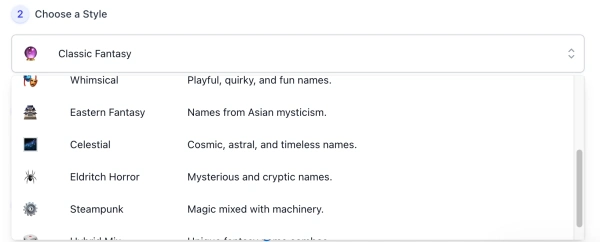 screenshot of AI Wizard Name Generator style list