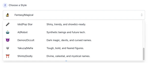 style list of AI Anime Name Generator interface ( screenshot )