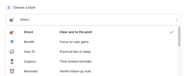 style list of AI Email Subject Line Generator interface