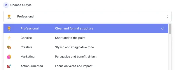 style list of AI Bullet Point Generator interface ( screenshot )